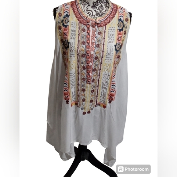 Johnny Was Biya Boho  Embroidered Handkerchief Hem Sleeveless Tunic Top Size XS - Picture 1 of 8